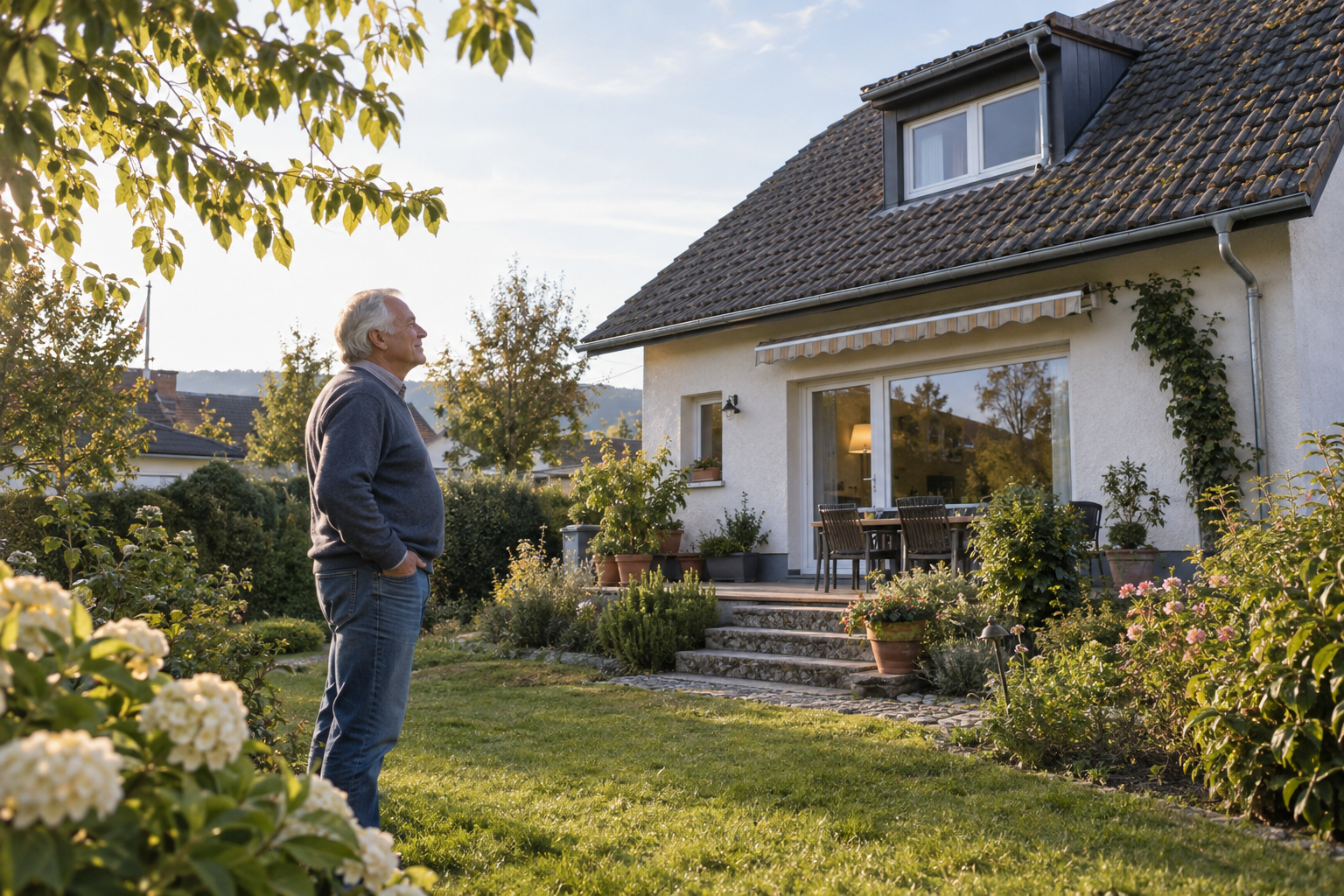 Älterer Eigentümer steht im Garten seines Hauses